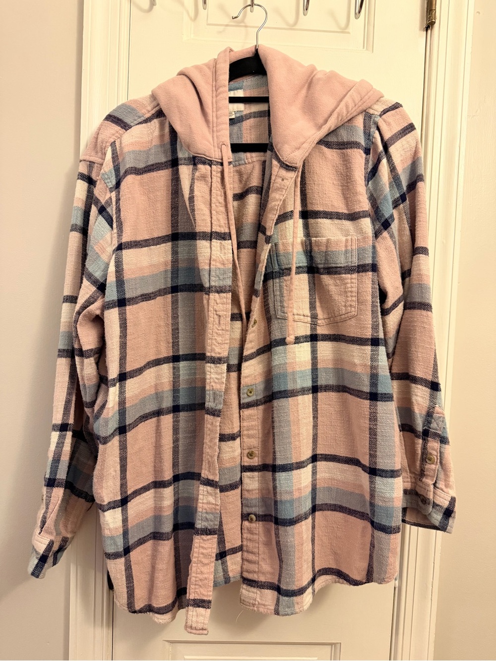 American Eagle Outfitters Pink Plaid Hooded Button-Down Shirt